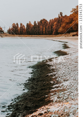 Serene lakeside view with autumn foliage. A calm lake, river bank meets a shoreline with dark, textured earth, backdrop of vibrant autumnal trees Serene lakeside view with autumn foliage. A calm lake, river bank meets a shoreline with dark, textured earth, backdrop of vibrant autumnal trees 131541753
