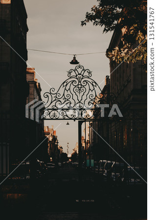 Ornate gate leading to a city street. An elegant wrought iron gate frames a view down a city street, with buildings lining the road and soft light. Vertical moody shot of an old French town, Bordeauxe Ornate gate leading to a city street. An elegant wrought iron gate frames a view down a city street, with buildings lining the road and soft light. Vertical moody shot of an old French town, Bordeauxe 131541767