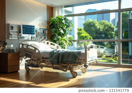 hospital bed with natural window light, medical monitor in background, calm and bright scene 131541779