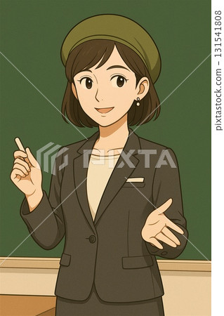 一位戴著貝雷帽的年輕教練手裡拿著一支粉筆。漫畫生成式人工智慧 一位戴著貝雷帽的年輕教練手裡拿著一支粉筆。漫畫生成式人工智慧 131541808