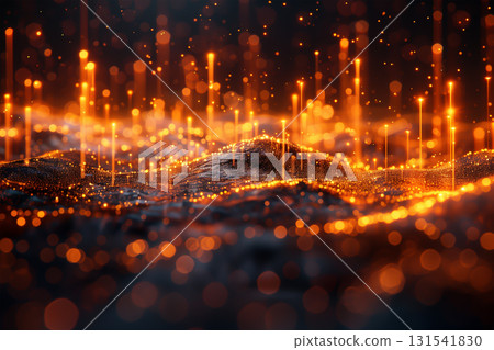 Golden glowing chart line on black background, elegant and futuristic style 131541830
