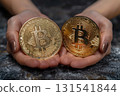 Hands exchanging gold bars with Bitcoin, concept of traditional vs digital investment, side view 131541844
