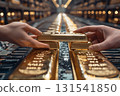 Hands exchanging gold bars with Bitcoin, concept of traditional vs digital investment, side view 131541850