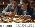 Hands exchanging gold bars with Bitcoin, concept of traditional vs digital investment, side view 131541851