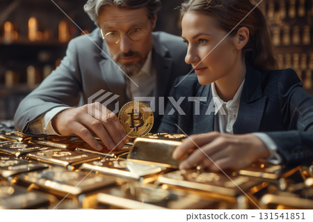 Hands exchanging gold bars with Bitcoin, concept of traditional vs digital investment, side view 131541851