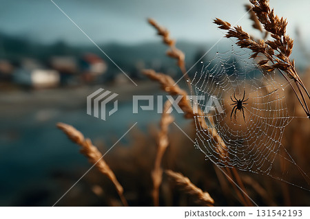 Spider Web with Dew Drops at Dawn in a Serene Meadow Setting Generative AI 131542193