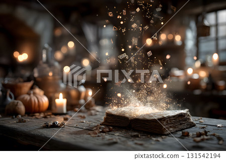 Magical Book on Wooden Table in Enchanted Rustic Room with Glowing Symbols Generative AI 131542194