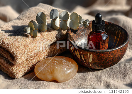 Spa and Wellness Scene with Towel, Soap, and Essential Oil for Relaxation and Self-Care Generative AI 131542195