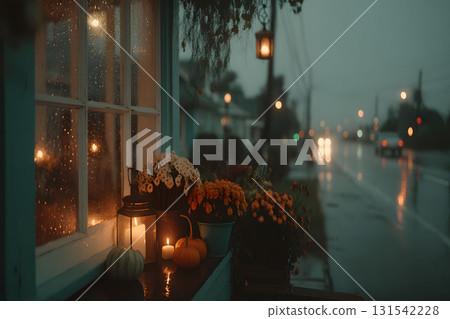Cozy Autumn Evening with Lanterns and Pumpkins by a Rainy Window for Seasonal Aesthetic Generative AI 131542228