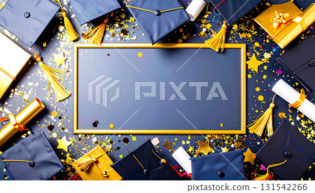 A celebratory chalkboard frame surrounded by graduation caps and golden confetti 131542266