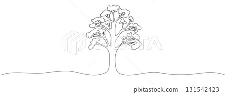 Continuous line tree plant drawing. Minimal outline vector for eco, nature, forest, garden logo, and green environment concept. Simple ecology illustration background design. 131542423