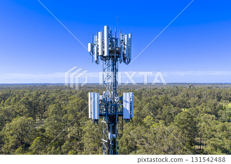 Aerial view of the top section of a Telecommunications Tower 131542488