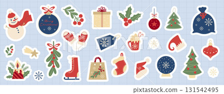 Cute Christmas sticker Planner set with festive icons. Xmas ball, New Year gift, snowman, tree, skates, hot cocoa, mistletoe, holly Santa hat and mittens on checkered paper. Vector illustration Not AI Cute Christmas sticker Planner set with festive icons. Xmas ball, New Year gift, snowman, tree, skates, hot cocoa, mistletoe, holly Santa hat and mittens on checkered paper. Vector illustration Not AI 131542495