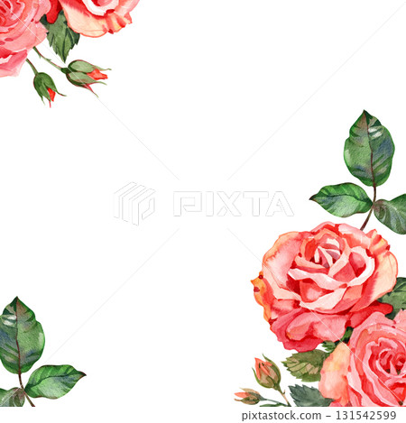 Greeting card with vintage red roses, watercolor, can be used as invitation card for wedding, birthday and other holiday. 131542599