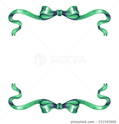 Green ribbon vintage style border, hand painted frame illustration 131542600