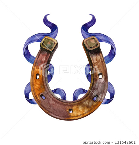 Watercolor rusty horseshoe with ribbon vintage style. Hand painted illustration, 131542601