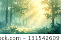 夢幻般的霧森林風景，陽光透過樹木和光線照射下來。 131542609