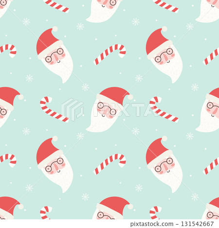 Seamless christmas pattern with santa claus faces in glasses and striped candy canes on mint background. 131542667
