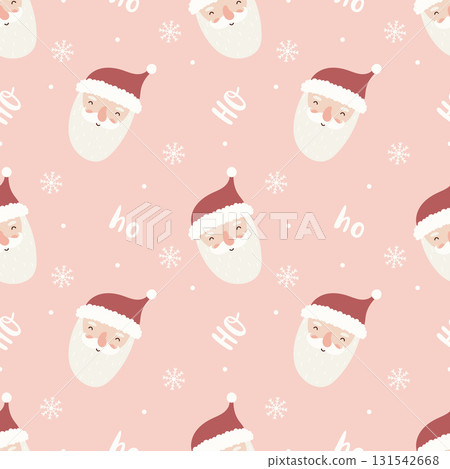 Cute seamless pattern with santa claus faces, snowflakes and ho ho ho lettering on pink background. Cute seamless pattern with santa claus faces, snowflakes and ho ho ho lettering on pink background. 131542668