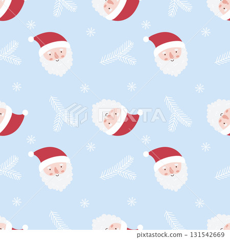 Seamless holiday pattern with santa claus faces, snowflakes and pine branches. 131542669