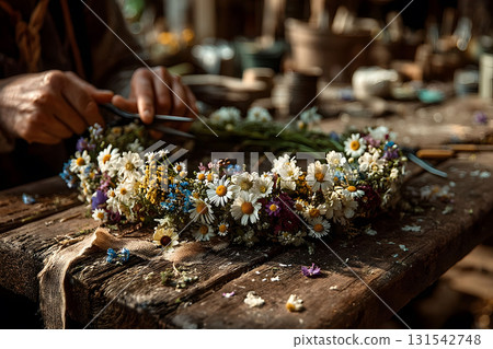 Handcrafted Floral Wreath with Wildflowers on Rustic Wooden Table for Spring Decor Generative AI 131542748