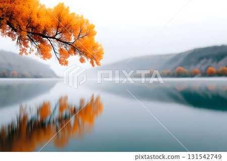 Tranquil Autumn Lake with Vibrant Orange Foliage and Misty Reflections Generative AI 131542749