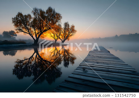 Serene Autumn Sunrise Over Misty Lake with Wooden Pier for Tranquil Moments Generative AI 131542750