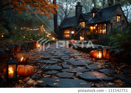 Enchanting Autumn Evening with Cottage and Pumpkin Decor for Halloween Generative AI 131542751