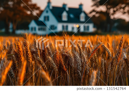 Golden Wheat Field at Sunset with Charming Countryside Cottage Generative AI 131542764