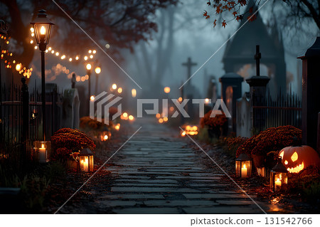 Halloween Night Cemetery Pathway with Pumpkins and Lanterns - Spooky Autumn Scene Generative AI 131542766