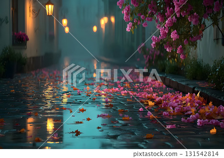 Misty Evening Street with Lanterns and Vibrant Autumn Foliage Reflections Generative AI 131542814