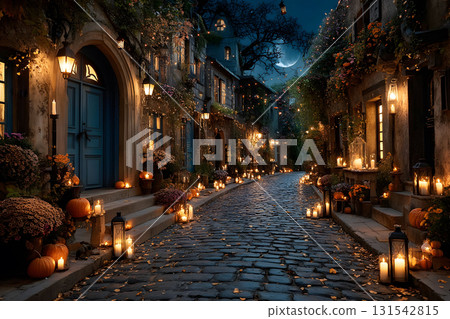 Enchanting Halloween Street at Night with Pumpkins and Candlelit Lanterns Generative AI 131542815