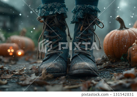 Autumn Magic: Cozy Boots on a Rustic Pathway with Pumpkins and Falling Snowflakes Generative AI 131542831