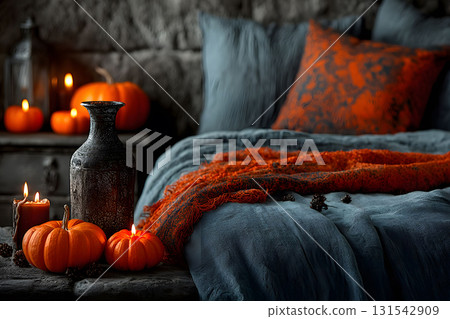 Cozy Halloween Bedroom Decor with Pumpkins and Candles for Autumn Ambiance Generative AI 131542909