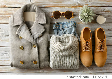 Cozy Autumn Style Layout with Outerwear, Knitwear, and Accessories for Seasonal Fashion Inspiration Generative AI 131542910