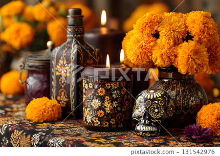 Day of the Dead Altar with Marigolds, Sugar Skull, and Lit Candles for Vibrant Celebration Decor Generative AI 131542976