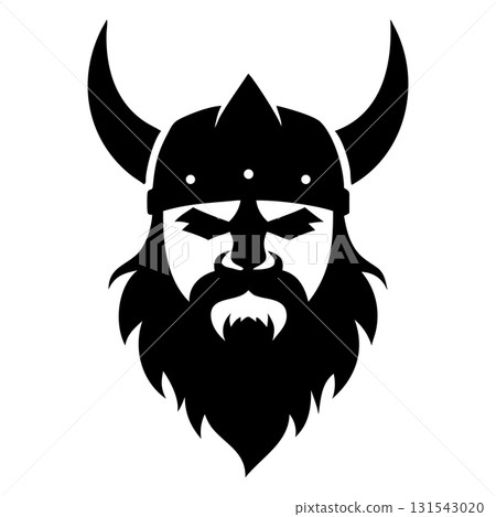 Black and white depicts a horned helmet wearing viking with a beard 131543020