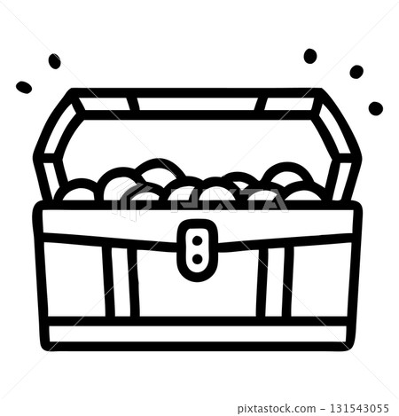 An open treasure chest with gold coins shows wealth and adventure, outline style 131543055