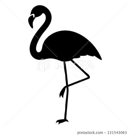 Black flamingo silhouette stands gracefully with one leg raised, showcasing its iconic form 131543063