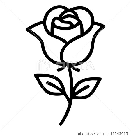 Black line rose flower with stem and leaves presents a floral icon on white 131543065