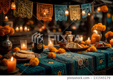 Day of the Dead Table Setting with Marigolds and Candles for Festive Celebration Decor Generative AI 131543179