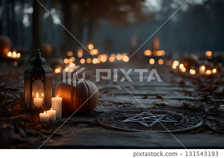Halloween Night Scene with Pumpkins, Lantern, and Candles in Mystical Forest Setting Generative AI Halloween Night Scene with Pumpkins, Lantern, and Candles in Mystical Forest Setting Generative AI 131543193