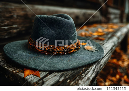 Autumn Rustic Charm with Fashionable Felt Hat on Weathered Wooden Bench Generative AI 131543235