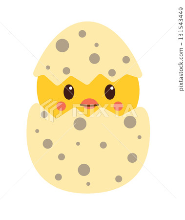 Cute Easter chick hatching from egg illustration. Adorable yellow baby bird inside cracked spotted shell, spring holiday design for Easter greeting cards, children decoration, festive artwork 131543449