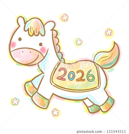 Cute pastel-colored watercolor horse illustration / 2026 Cute pastel-colored watercolor horse illustration / 2026 131543511