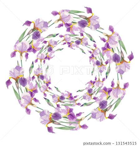 Wreath of violet with yellow irises. Watercolor handmade illustration. For packaging design, cards, cover, prints, product labels and fabric. Wreath of violet with yellow irises. Watercolor handmade illustration. For packaging design, cards, cover, prints, product labels and fabric. 131543515