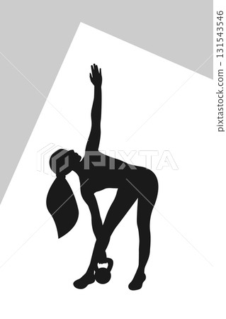 A faceless fitness woman performs a side stretch while holding a kettlebell. 131543546