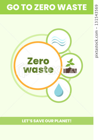 Infographic illustrates the concept of zero waste, emphasizing environmental conservation and encouraging actions to clean and protect nature. 131543569