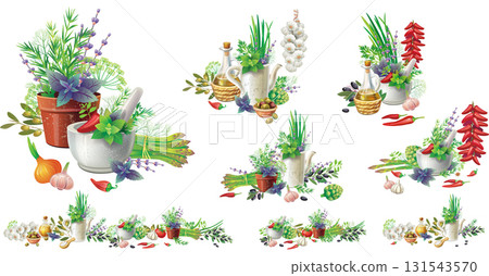 Rustic Kitchen Decor with Herbs and Vegetables 131543570