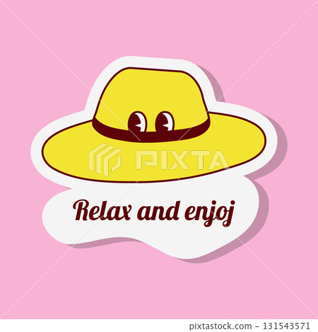 A vector illustration shows a cartoon style yellow travel sticker. It features a hat with eyes and a text bubble saying Relax and enjoj on a pink background. A vector illustration shows a cartoon style yellow travel sticker. It features a hat with eyes and a text bubble saying Relax and enjoj on a pink background. 131543571